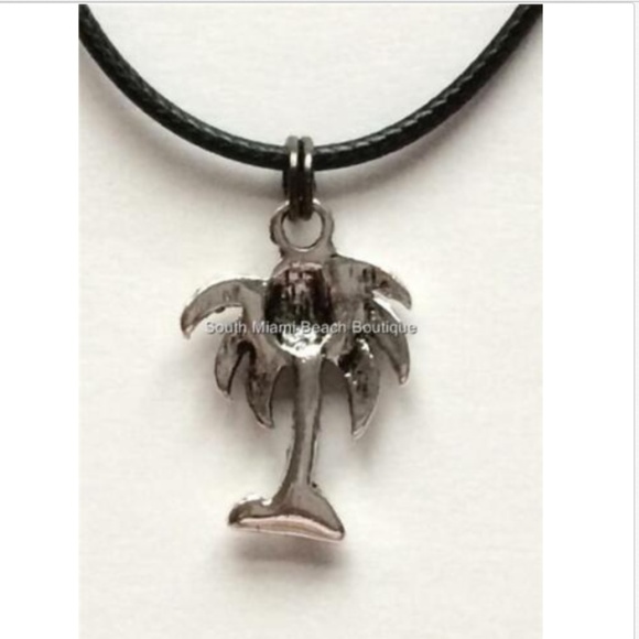 Palm Tree Necklace Silver Plated Black Cord Coconut Island Beach Surfer Hawaiian - Picture 5 of 8